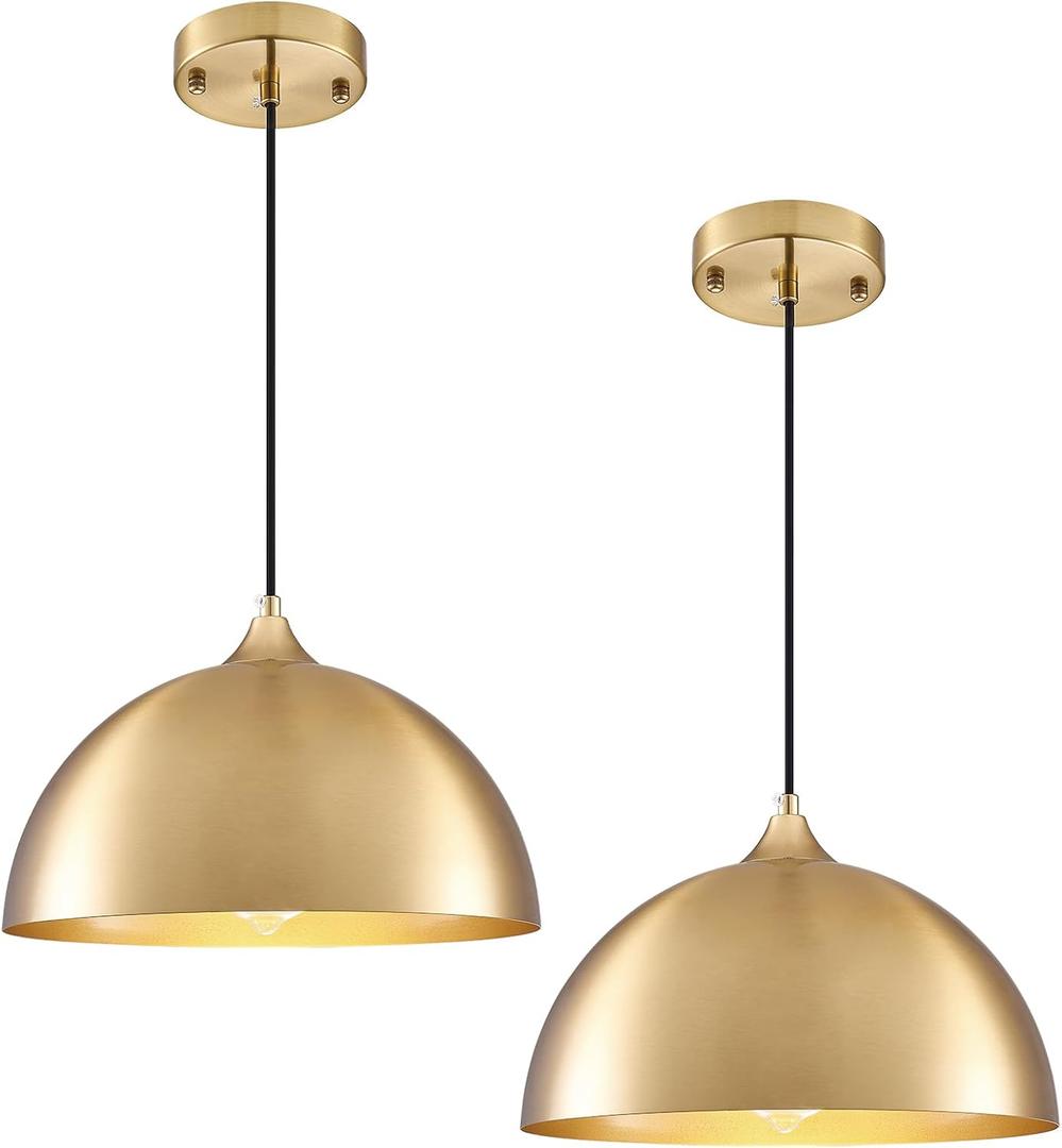 Gold Pendant Light 2 Pack, 11.8" Modern Pendant Lights Kitchen Island Adjustable Height, Farmhouse Dome Hanging Light for Dining Room Bar