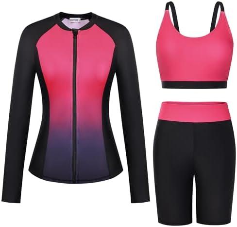 GRACE KARIN Women's 3 Piece Rash Guard Built-in Bra Long Sleeve UV Sun Protection Swimsuit Zip up Swim Top Shirt Modest, Size Large