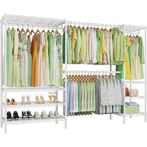 Ulif E11 Heavy-Duty Garment Rack, Metal Freestanding Clothes Rack and Closet Storage Organizer with 8 Shelves and 4 Hanger Rods, (73.2 - 97.6)"W x 14.5"D x 71.2"H, Load 1034 LBS, White