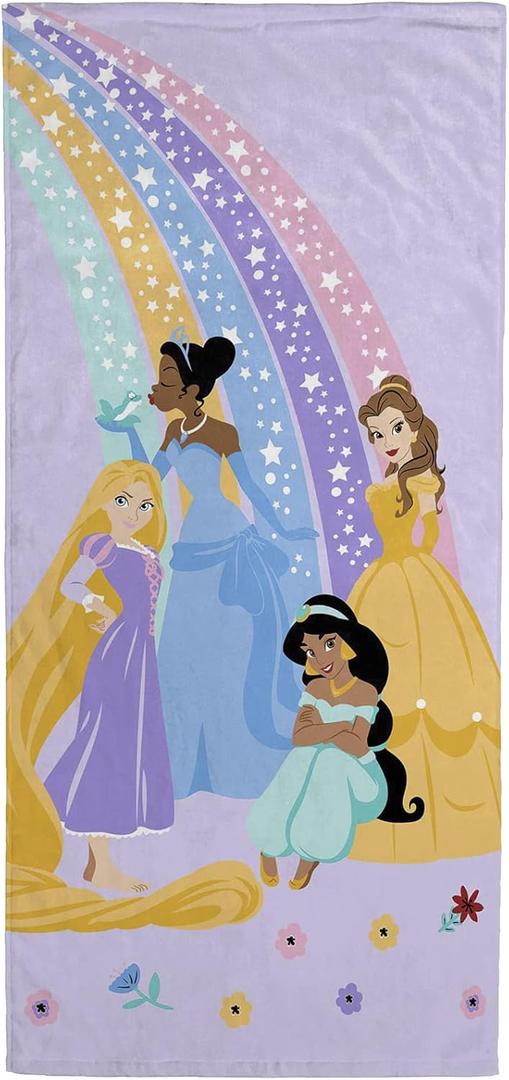 Jay Franco Disney Princess Rainbow Bath/Pool/Beach Towel - Super Soft & Absorbent Fade Resistant Cotton Towel Features Belle, Rapunzel, Jasmine, & Tiana - Measures 28 x 58 inches
