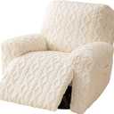 Recliner Chair Covers 4-Pieces, Soft Stretchable Slipcovers with Elastic Straps, Oversized Plush Furniture Protector, White, Storage Pocket on Arm Cover