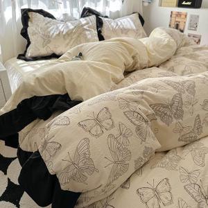 4pcs Duvet Cover Set Queen Size-Washed Cotton Ultra Soft Ruffle Bedding Set includ 1 Duvet Cover with Zipper Ties,1 Fitted Sheet with Bed Skirt, 2 lace Pillow Shams for All Season (Beige)