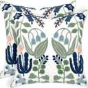 Alysheer Spring Floral Embroidered Decorative Throw Pillow Covers 18"x 18" Set of 2, Farmhouse Navy Blue Flowers Green Leaves Tufted Patterned Cotton Cushion Cases for Couch Bed Living Room Decor