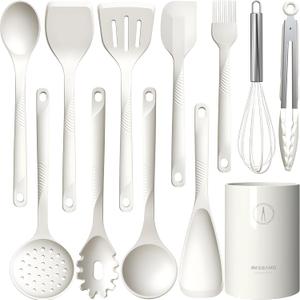 Silicone Cooking Utensils Set - 600F Heat Resistant, Nonstick Kitchen Utensil Set with Spatulas, Spoons, Whisk, Tongs, BPA Free, Dishwasher Safe, Cream White