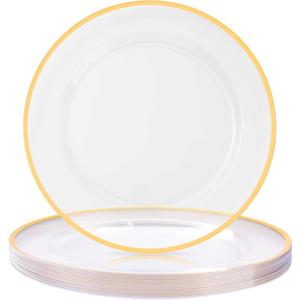 12 Inch Disposable Charger Plates, 15 Pack Plastic Clear Plates with Gold Rim, Perfect Table Decor for Party, Wedding, Dinner (Clear&Gold)