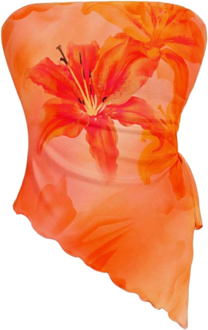WDIRARA Women's Floral Mesh Strapless Side Ruched Tube Top Asymmetrical Hem Bandeau Crop Tops (Orange), Small WDIRARA Women's Floral Mesh Strapless Side Ruched Tube Top Asymmetrical Hem Bandeau Crop Tops (Orange), Small