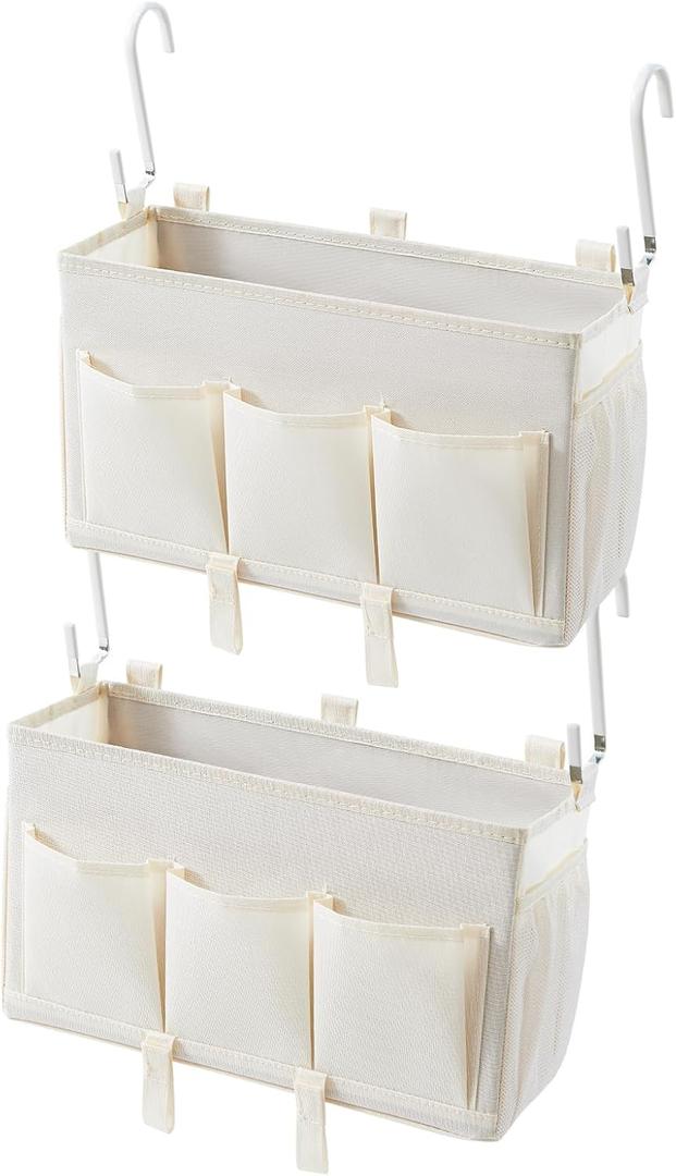 Bedside Storage Organizer, White Bedside Caddy Organizer - With Hooks and Multiple Pockets, a Clever Storage Solution for Books, Magazines, and More, 2 Pack