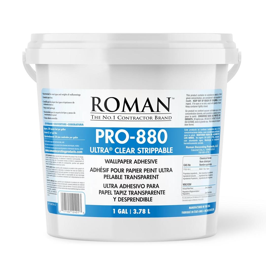 PRO-880 Wallpaper Adhesive & Paste for Any Wallcovering - Ultra Clear Strippable, 1 Gallon(330 sq. ft)