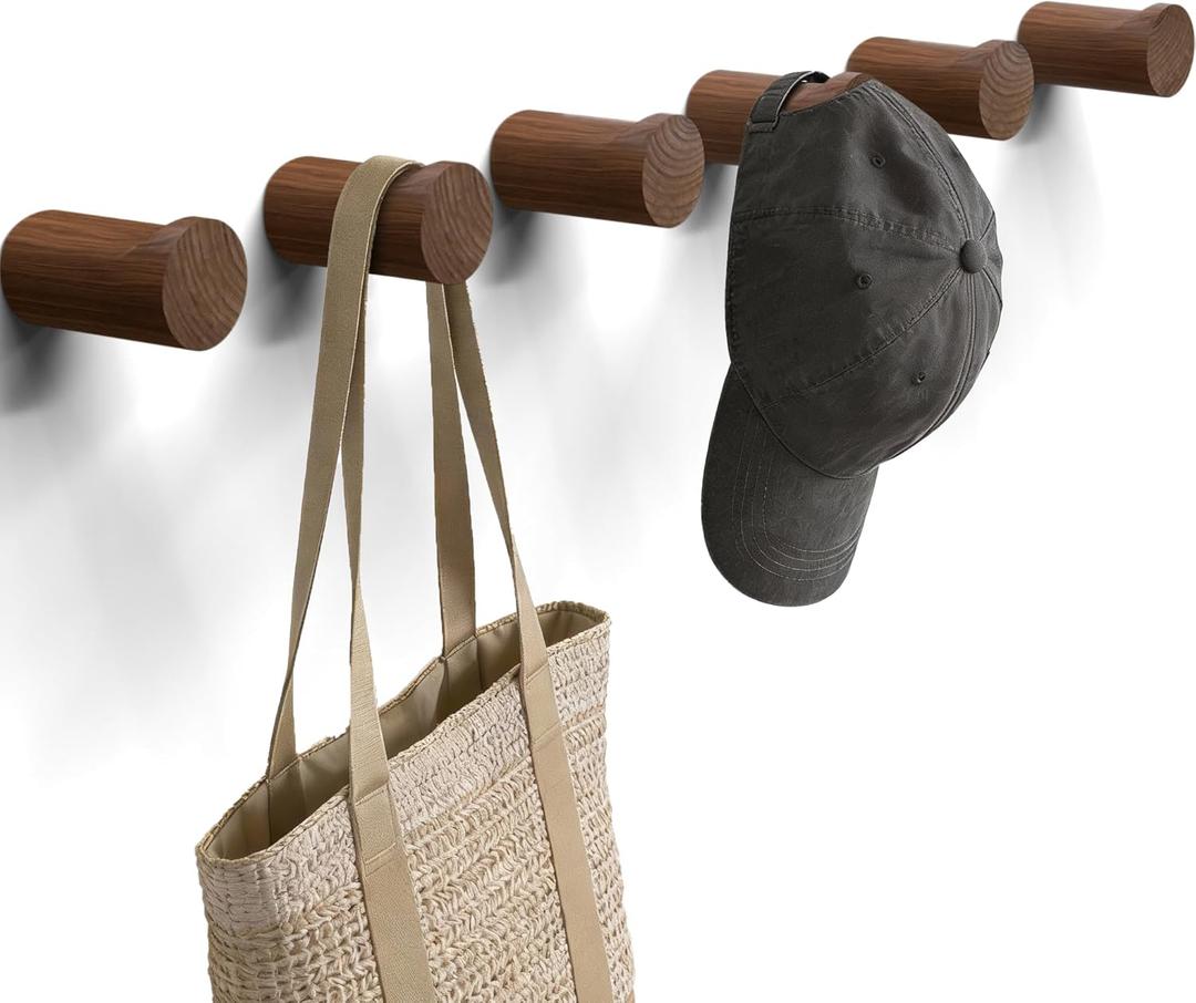 READAEER Walnut Wood Wall Hook 6 Pack, Natural Wooden Coat Hooks Wall Mounted, Hat Hooks Heavy Duty Entryway Wall Hangers for Hanging Towels, Clothes and Bags