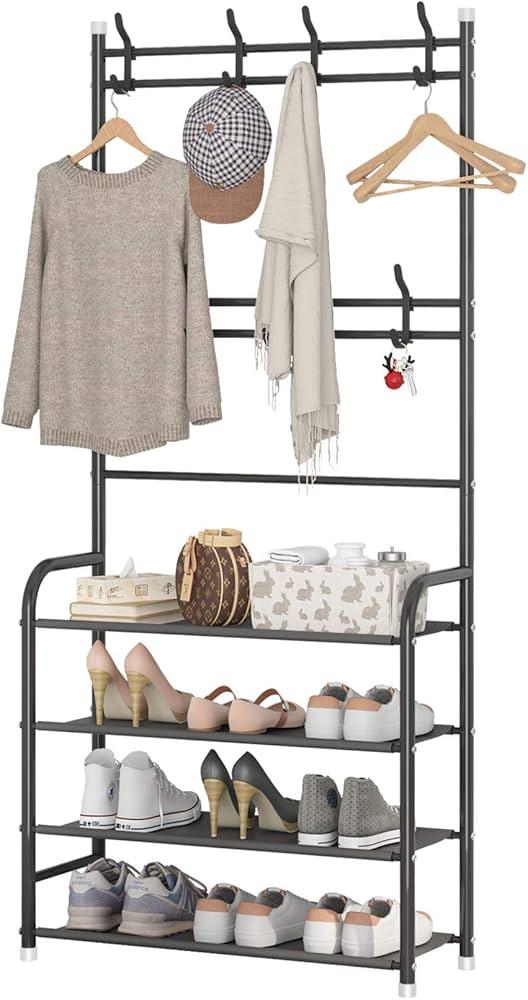 Entryway Coat Rack, Hall Tree Storage Shelf, Easy Assembly, with 4-Tier Shelf for Storage Shoes, Clothes, Black