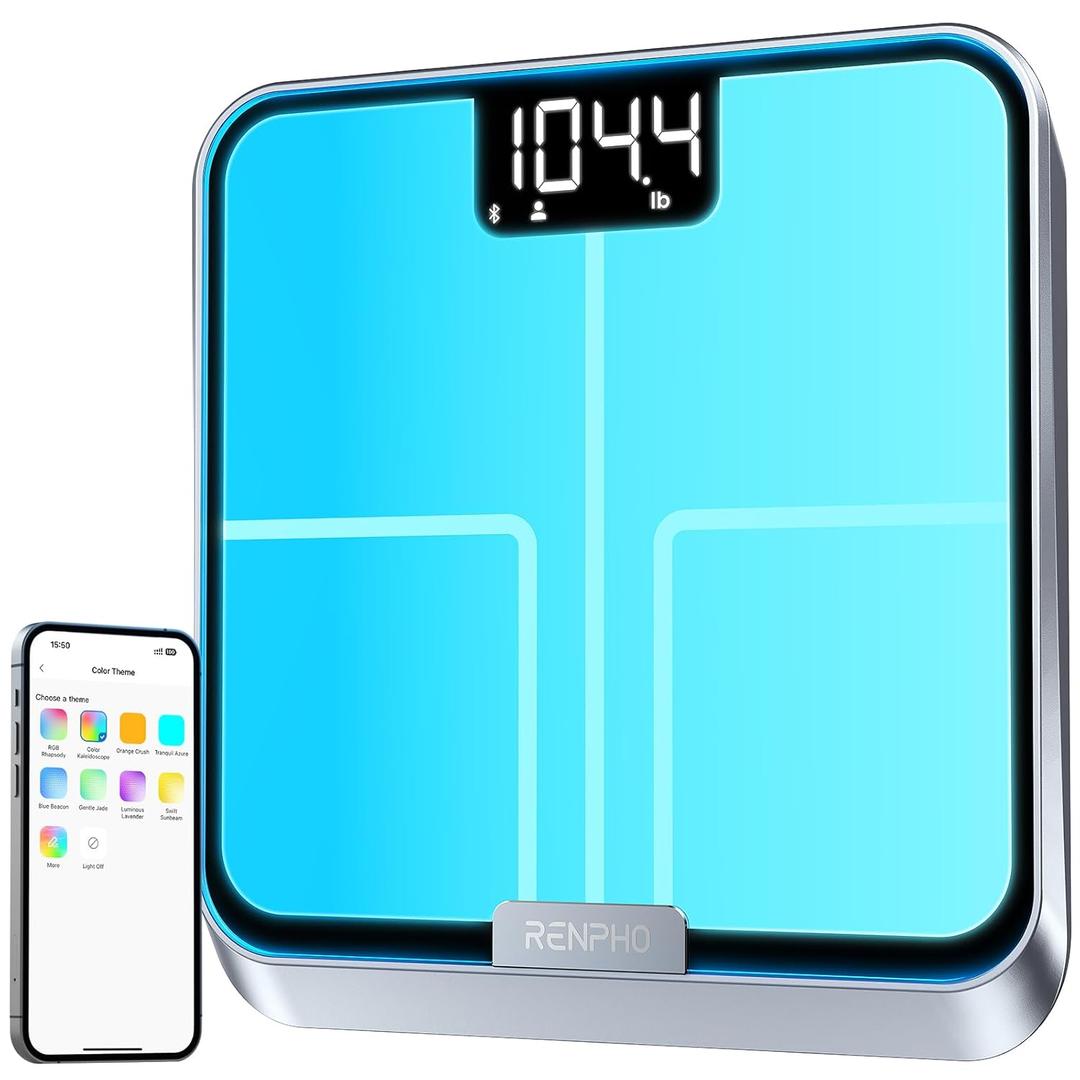 RENPHO Smart Body Fat Scale with Light, Fitness Equipment with RGB Lighting, Rechargeable Scale with BMI, Body Fat, Muscle Mass, Color Changing with Weight Variation, Elis Chroma