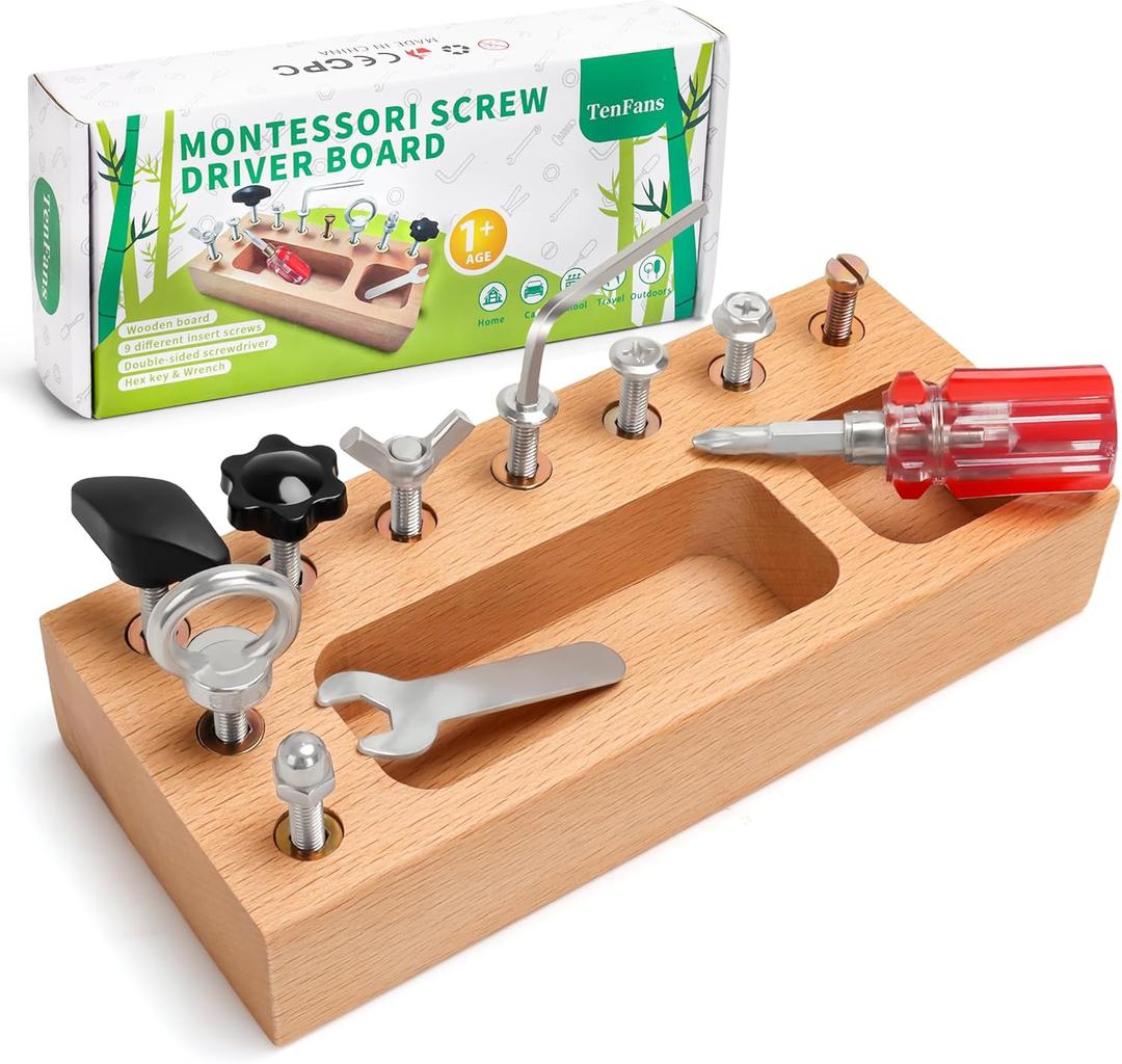 Montessori Busy Board for Toddlers 1-3 Years, Wooden Screwdriver Activity Board, Fine Motor Skills & Sensory Development Toy, Preschool Learning & Travel
