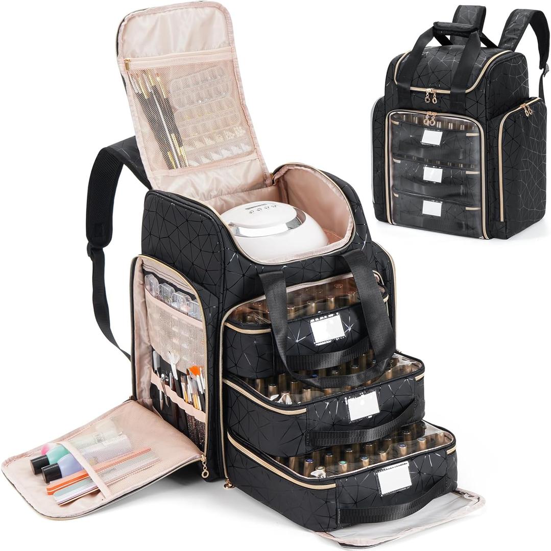 Uross Extra Large Nail Polish Organizer Bag Holds 126 Bottles Nail Polish, Lamp, Supplies- Three Layer Nail Organizers and Storage Case for Nail Tech, Nail Stuff Gel Kit Box Gift for Manicurist,Black (XX- Large - 11 x 9.5 x 13 inch (126 bottles))