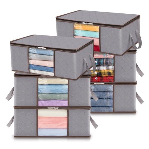 Lifewit 6 Pack Clothes Storage Bag, Foldable Storage Bin Closet Organizer with Reinforced Handle, Sturdy Fabric Blanket Storage with Clear Window, Storage Containers for Clothing, Bedding, Light Gray