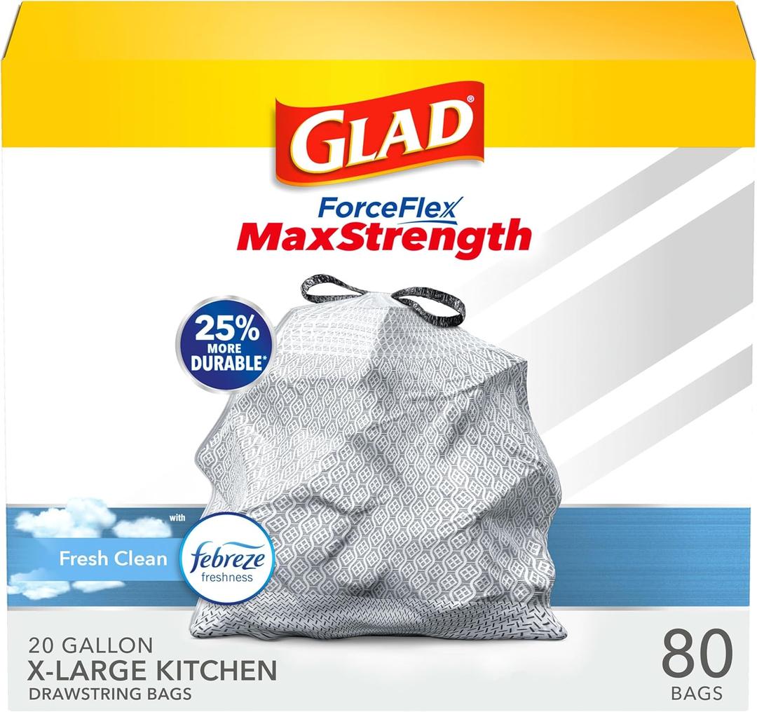 Glad ForceFlex MaxStrength XL Kitchen Trash Bags, 20 Gal, Fresh Clean, 80 Ct (Package May Vary)