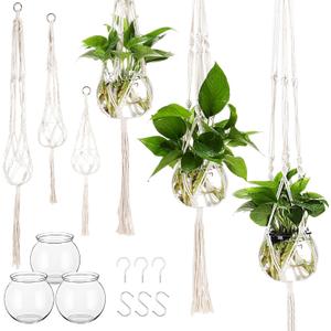 3 Pcs Plastic Plant Propagation with Boho Macrame Hanger Wall Plant Propagation Station Hanging Holder Include Hooks Kit for Indoor Home Garden Office Decor 3 Size (White)