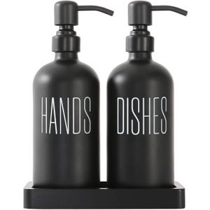 Black Soap Dispenser Set, Glass Soap Dispenser with Stainless Steel Pump, Perfect for Kitchen Decor and Accessories. (Black) (Black Bottle & Black Tray)