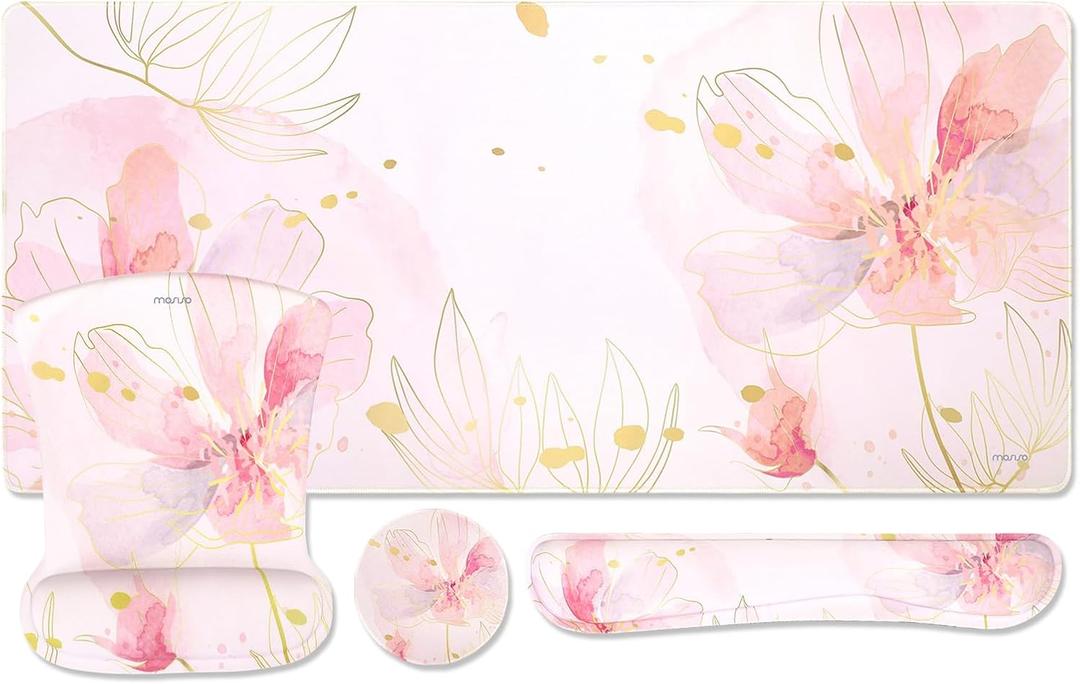 MOSISO Desk Mat Keyboard Mouse Pad Set, Large Gaming Mouse Pad&Keyboard Wrist Rest&Mousepad with Wrist Rest&Coaster, Ergonomic Non-Slip Home Office Mousepad with Memory Foam, Pink