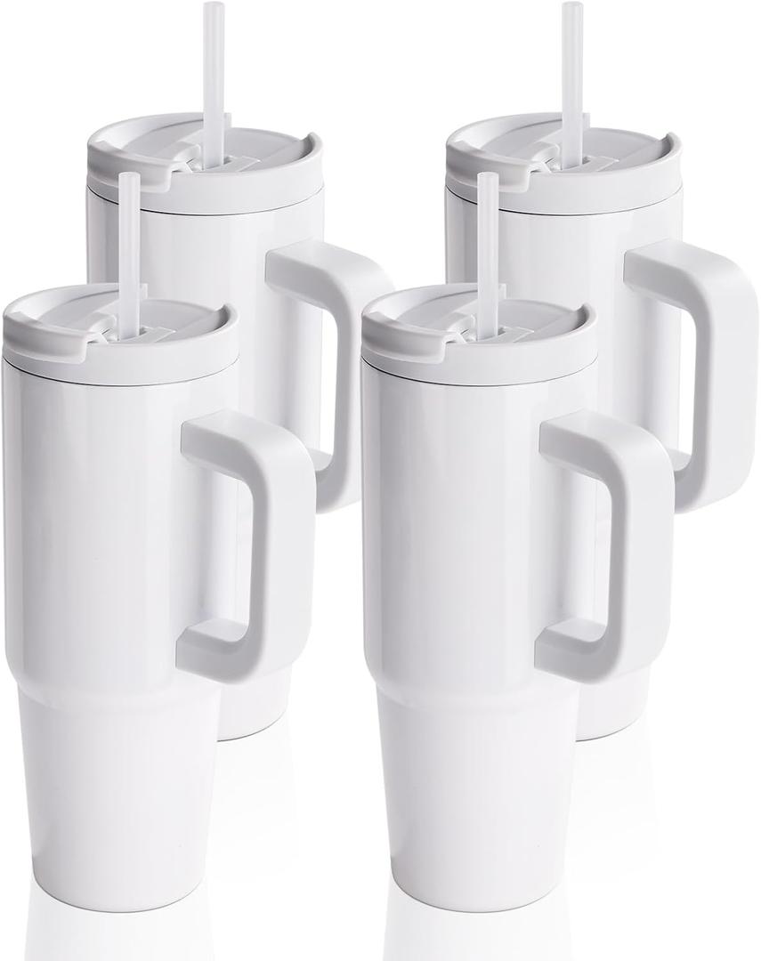 PYD Life 4 Pack Sublimation Tumblers 30 OZ with Removable Handle White Blanks Stainless Steel Cups Mugs with Lid and Plastic Straw for Tumbler Heat Press Sublimation Oven Printing