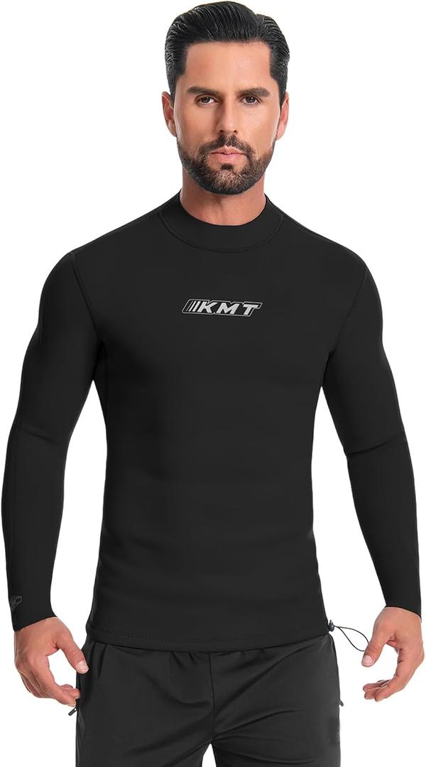 KMT Men Wetsuit Top, Long Sleeve Wet Suit 2mm Neoprene Shirt Keep Warm in Cold Water Swimming Scuba Surfing Diving Shirts Zipperless Black M