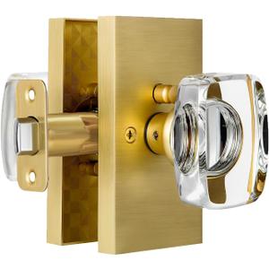 Glass Door Knobs Interior with Lock, Crystal Gold Door Knobs Privacy Door Knob for Bedroom and Bathroom Satin Brass