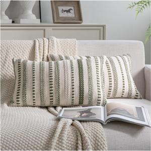 Cethom Green Boho Throw Pillow Covers 12x20 Inch Set of 2, Stripe Textured Decorative Couch Pillow Cases for Bed, Sofa, Living Room, Bedroom, Farmhouse Home Accent Cushion Covers