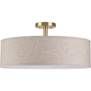 4 Light 20" Fabric Drum Shade semi Flush Mount Ceiling Light Linen Fabric Chandeliers Shade Gold Finish for Bar,Dining Room,Corridor,Living Room