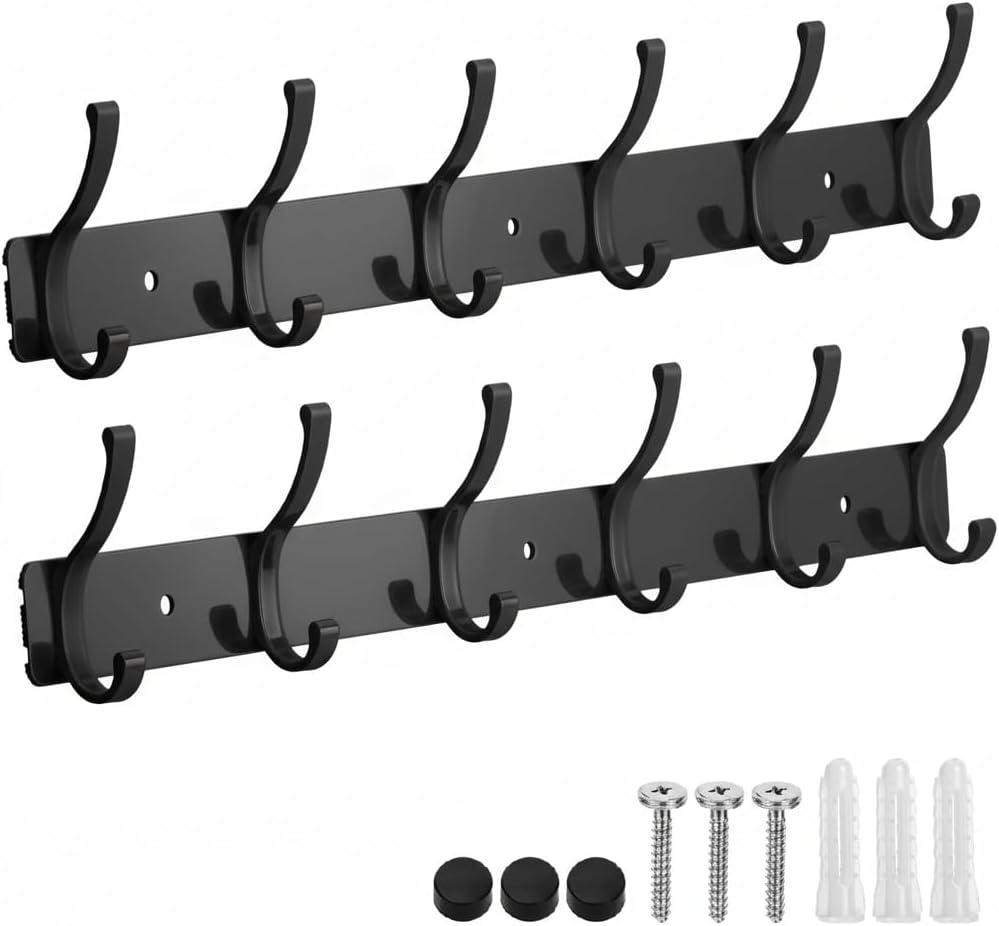 Coat Rack Wall Mount, 2 Pack Coat Hooks Hanger Wall Double Hook Rack Rail Towel Hat Rack Entryway Bathroom Hanger Organizer for Robes, Clothes, Bags, Hat(Black)