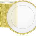 Gerrii 50 Pcs Clear Charger Plates 13 Inch Plastic Round Dinner Plates with Beaded Rim Dinner Table Decorative Charger for Home Wedding Kitchen Birthday Bridal Shower Party Table Supply(Gold)