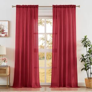 Anpark Red Sheer Curtains 63 Inch Length for Bedroom, Light Filtering Elegant Cotton Textured Linen Semi Sheer Curtains Natural Voile Drapes Rod Pocket for Living Room, W52 x L63 in, 2 Panels
