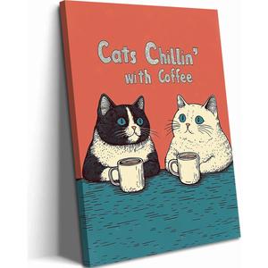 Funny Cat Drinking Coffee Wall Art, Cute Black and White Cats Kitchen Wall Decor, Quirky Animal Poster Canvas Paintings Prints Aesthetic Pictures for Dining Room Cafe Bar 16x24 inch Framed