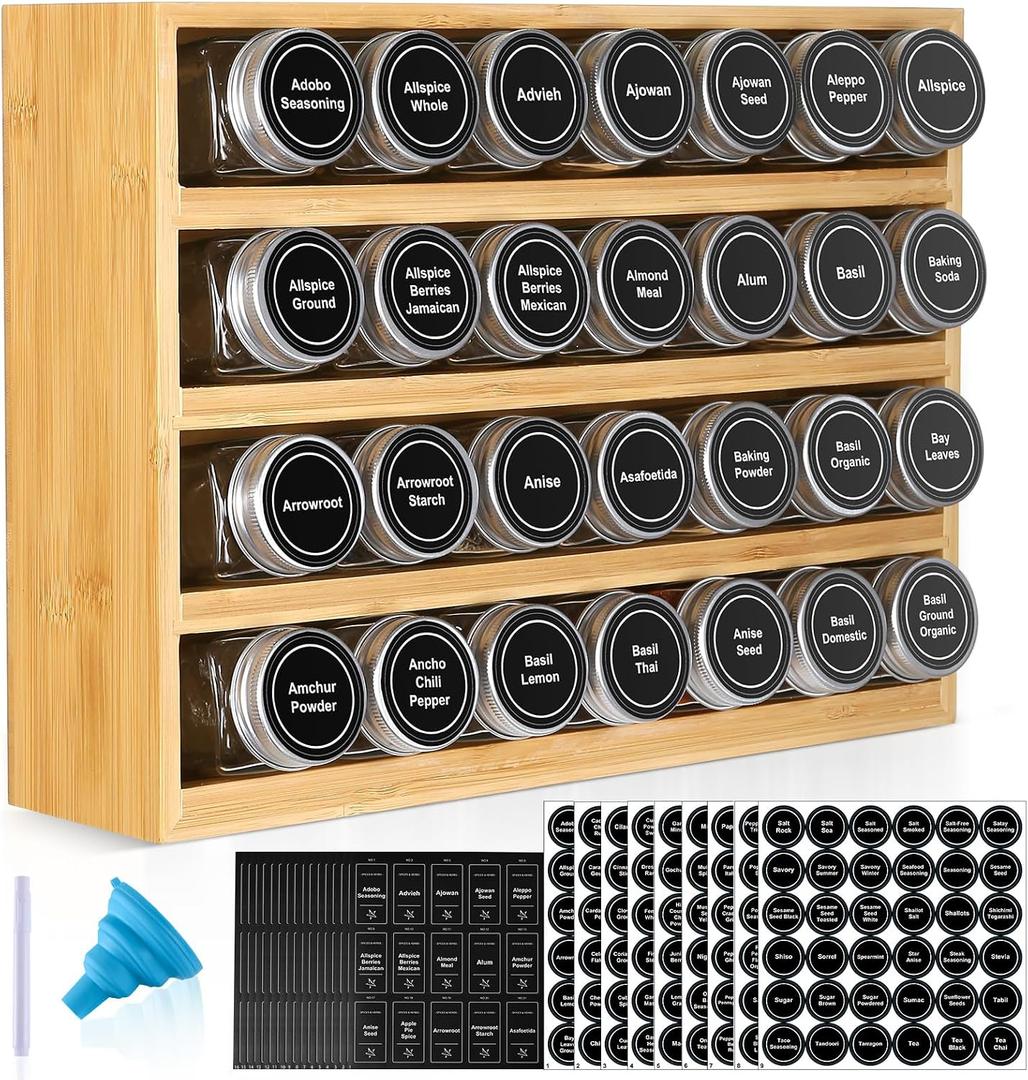 Bamboo Spice Rack Organizer With 28 Spice Jars, 780 Labels, 4 Tier Wood Hanging Shelf, Chalk Marker and Funnel Set for Drawer Cabinet Kitchen Countertop Wall Mount, Empty 4 oz Glass Jar & Shaker Lids