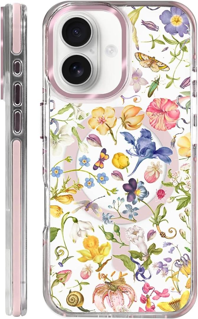 Clear Case for iPhone 16, [Magnetic Charging Compatible][Military-Grade Protection][Anti-Yellowing] Shockproof Slim Magnetic Phone Case for iPhone 16, Retro Flowers
