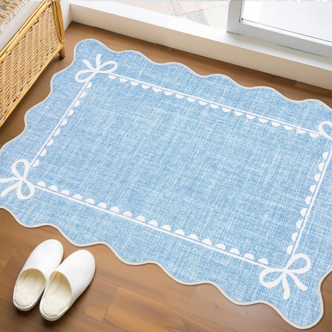 GarveeHome Scalloped Bow Rug for Kitchen Floor, Solid Blue Rug for Dorm, Washable Entryway Rugs 2x3 Soft Low Pile Non Slip Scalloped Rugs for Nursery Bedroom Decor Hallway