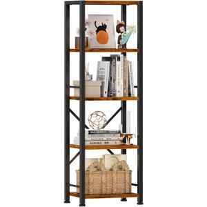 Furologee 5 Tier Tall Bookshelf, Rustic Narrow Bookcase, Display Standing Shelf Units, Metal and Wood Storage Shelves Organizer for Bedroom, Living Room, Home Office, Entryway, Kitchen, Rustic Brown