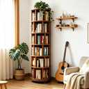 ARIMILAE 6‑Tier Rotating Bookshelf, Solid Rubber Wood 360° Revolving Bookcase with Lockable Casters, Space‑Saving Tall Storage Shelf for Living Room Bedroom Home Office, Walnut, 17.3"D×17.3"W×78.5"H