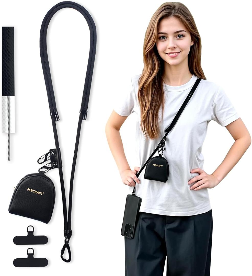 Febcraft Cell Phone Lanyard Crossbody,Anti Theft Phone Strap,with Steel Wire & Lock,Clip and Go Strap for Phone with Wallet Crossbody,Travel Essentials,Commuting,Daily Convenience,Black