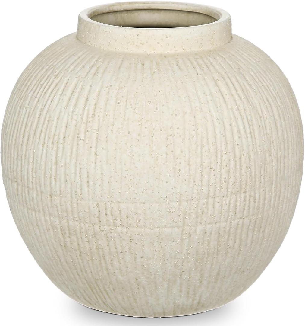 9" Pottery Vase with Sand-Grain Textured, Rustic Ceramic Vase for Mediterranean, Vintage & Farmhouse Style on Desktop Decor, Slender & Beige White