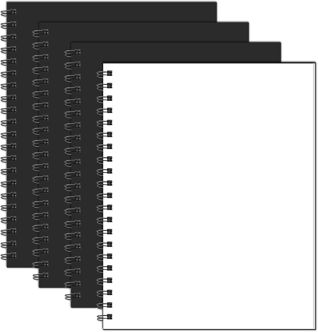 Blank Spiral Notebook, 8.5" x 11" Hardcover Sketch Book, 4 Pack Large Blank Journal for Drawing, A4 Black Unlined Journals for Women Men Office School Home