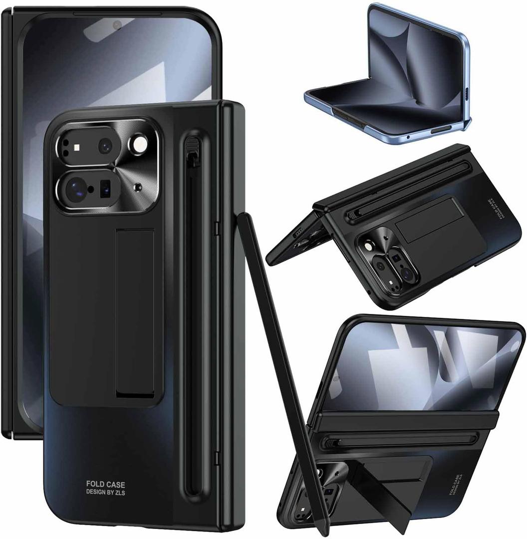 For Google Pixel 10 Pro Fold Case with Pen Holder & Stylus, All-Inclusive Phone Case with Hinge Protector, Screen Protector, Kickstand, Slim PC Protective Cover for Google Pixel 10 Pro Black