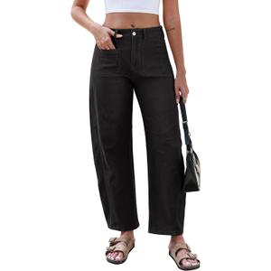 Eddoyee Wide Leg Barrel Pants Women - Stretchy High Waist Baggy Pants Y2k Boyfriend Ankle Trousers with Pockets (Black, M)