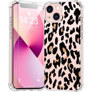 bicol for iPhone 13 Case with Screen Protector,Enhanced Camera Protection,Clear TPU Cover with Trendy Designs for Girls Women,Slim Fit Protective Phone Case,Cheetah Leopard Print