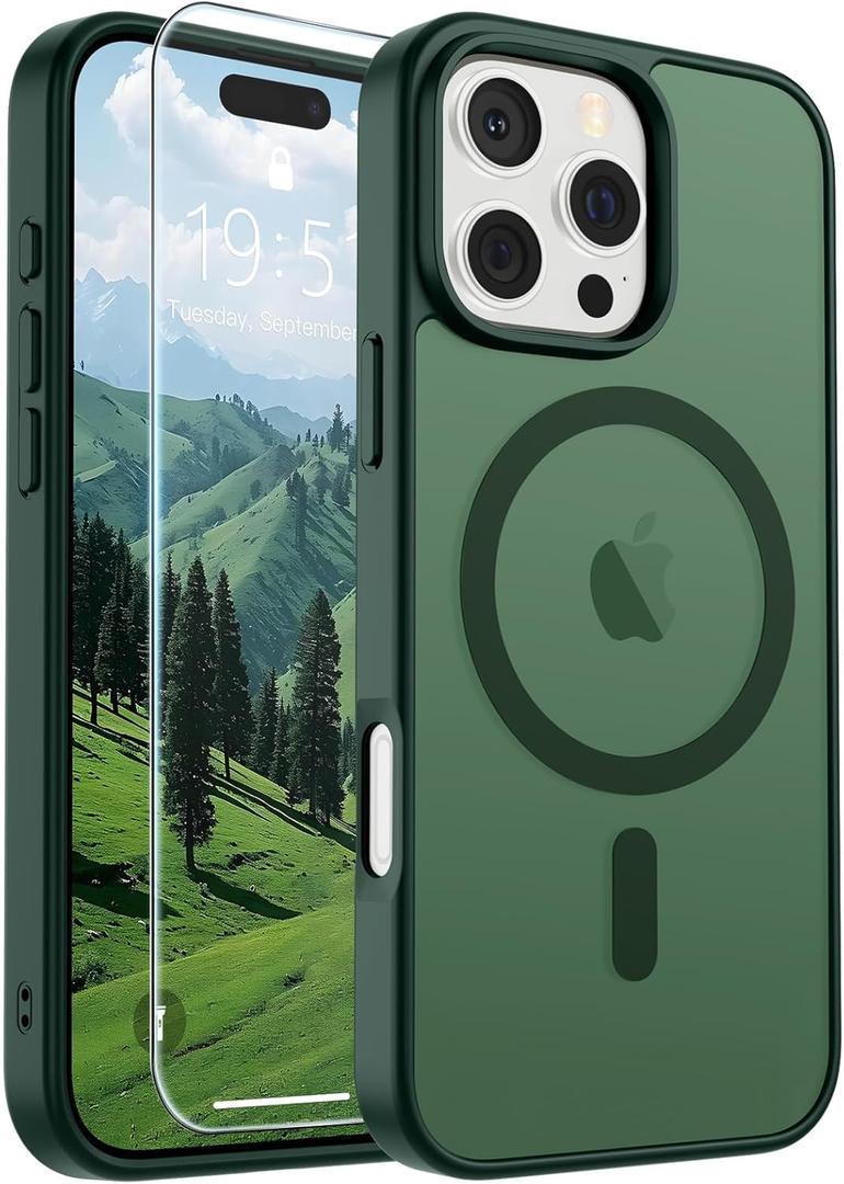 SUPFINE Magnetic for iPhone 16 Pro Max Case (Compatible with MagSafe) (Military Grade Drop Protection) Slim Translucent Matte Shockproof with Anti-Fingerprint Phone Case,Forest Green