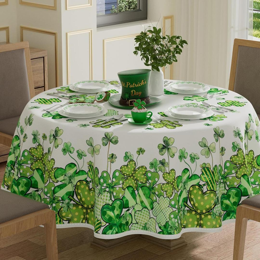 XCHI Watercolor Dots Green Shamrocks Clovers St. Patrick's Day Tablecloth Round Table Cloth Washable Table Covers for Indoor Dining Home Party Decorations 60x60 Inch