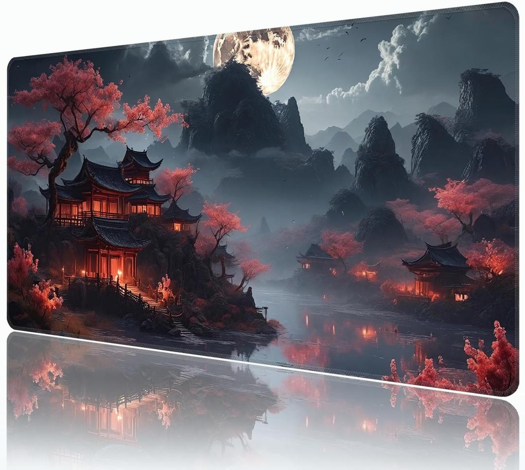 Dark Canyon Mouse Pad,XXL 35.4"x15.7" Big Gaming Mousepad,Japanese Full Moon Large Extended Mouse Mat,Non-Slip Rubber Base Waterproof with Stitched Edges for Gaming Office Home, 35.4L x 15.7W inches