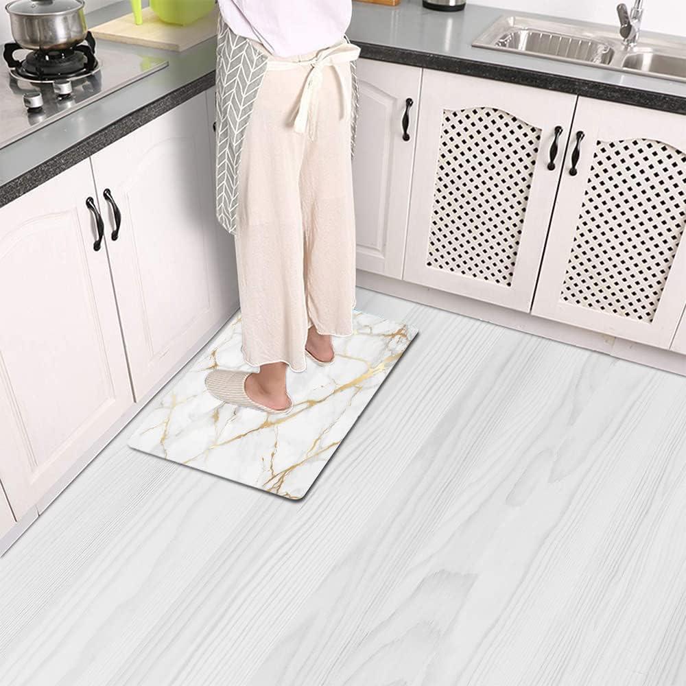 Mrcrypos White Gold Marble Small Kitchen Mat for Floor PVC Leather Kitchen Rug Waterproof Cushioned Anti Fatigue Comfort Mat Non Slip Standing Mat Laundry Kitchen Accessories 17"x29" Luxury Marble