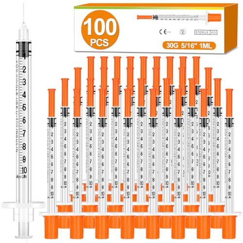100 Pack 1ml Syringes with Needle-30Ga 5/16 Inch, Individually Sealed Packaging