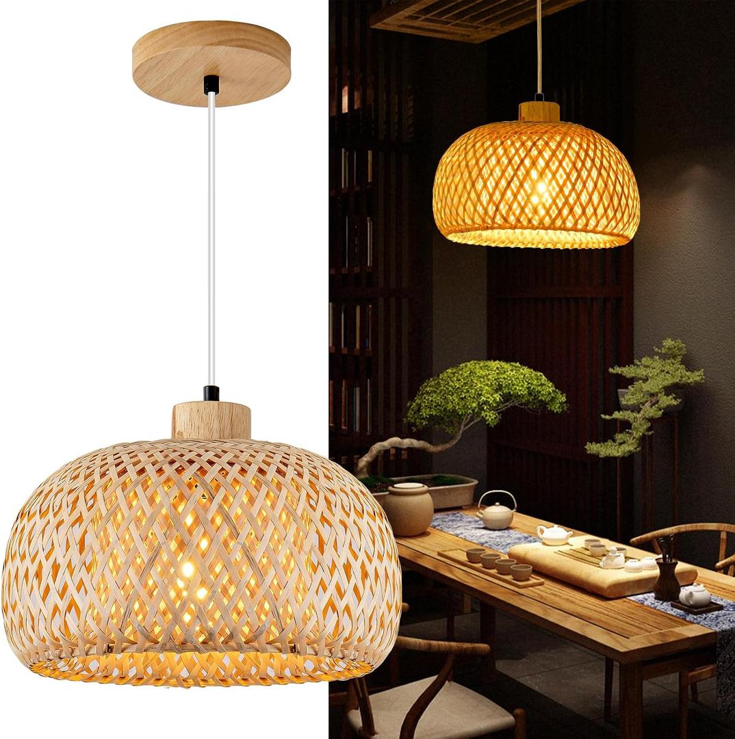Bamboo Pendant Light, 11.8inch Hand-Woven Natural Wicker Rattan Bamboo Lamp, Beige Boho Hanging Chandelier, Rustic Island Dining Ceiling Light for Living Room, Kitchen, Farmhouse, Bedroom