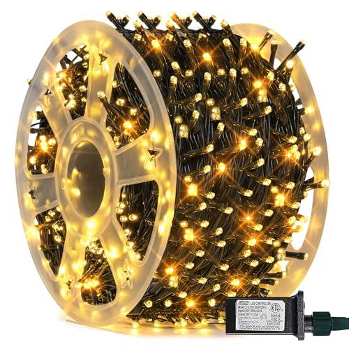 FUNPENY 164FT 500 LED Christmas Indoor Outdoor Decorative String Lights, 8 Modes Waterproof Green Wire LED Fairy Light for Christmas Party Wedding Garden Home Decoration (Warm White)