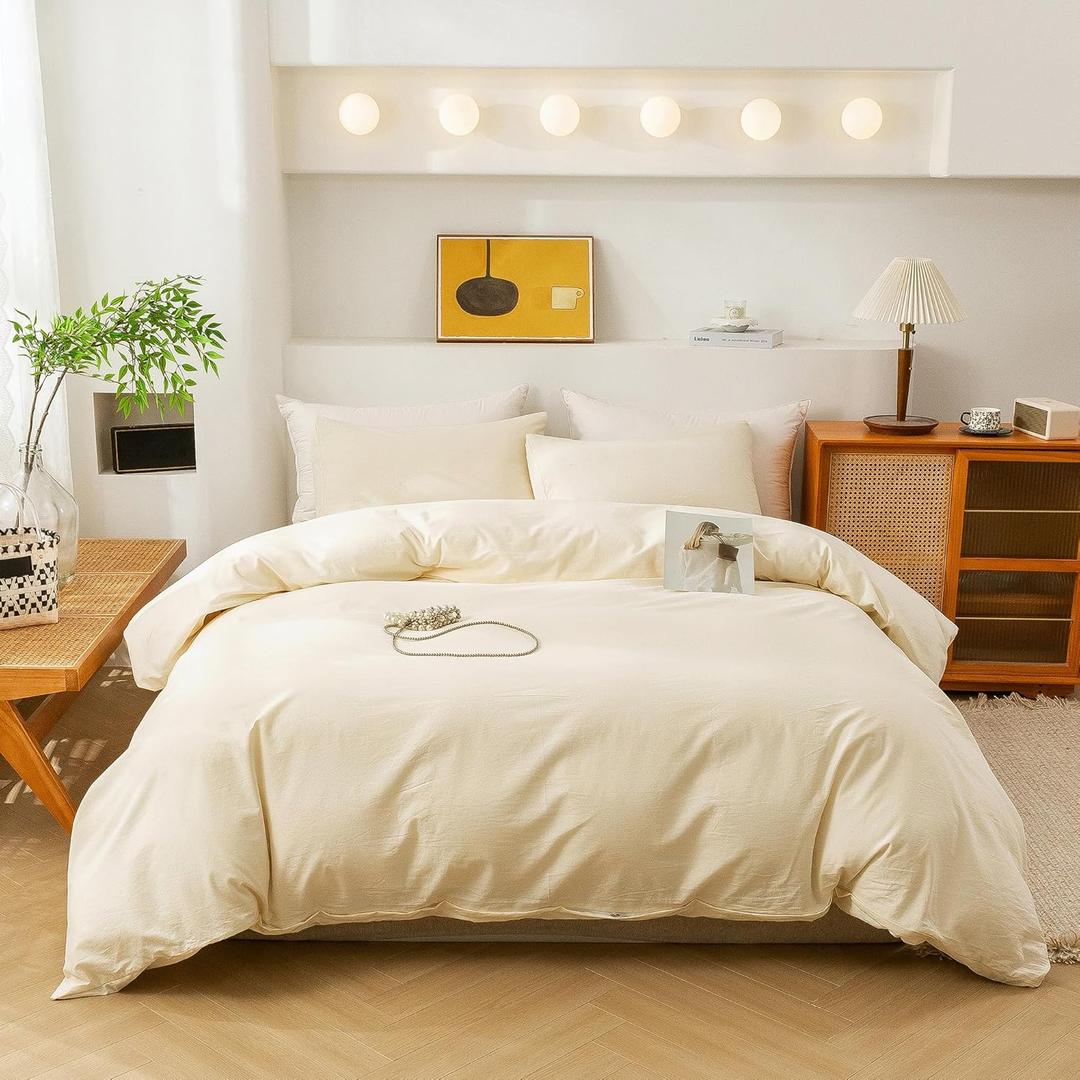 ECOCOTT Duvet Cover King Size - 3 Piece 100% Washed Cotton Bedding Set, Soft & Breathable with Zipper Closure 8 Corner Ties - Comfortable and Stylish for All Seasons (Cream) (King (104"x90"), Vanilla (No Comforter))